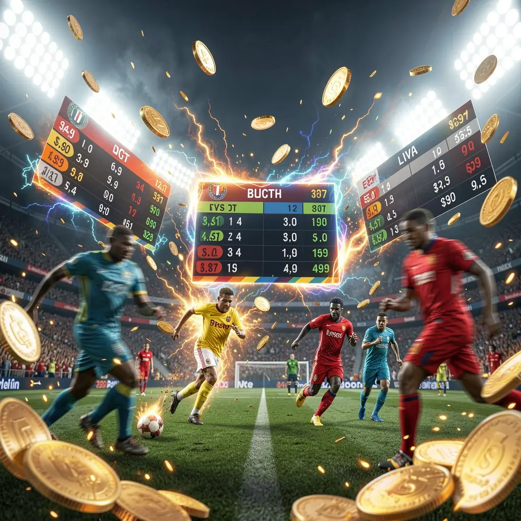 Konsep taruhan sepak bola langsung CK798 menampilkan stadion sepak bola yang semarak dengan lampu terang, pemain yang bergerak dalam efek buram, panel peluang mengambang, koin, dan efek energi dinamis dalam render sinematik premium Konsep taruhan sepak bola langsung CK798 menampilkan stadion sepak bola yang semarak dengan lampu terang, pemain yang bergerak dalam efek buram, panel peluang mengambang, koin, dan efek energi dinamis dalam render sinematik premium
