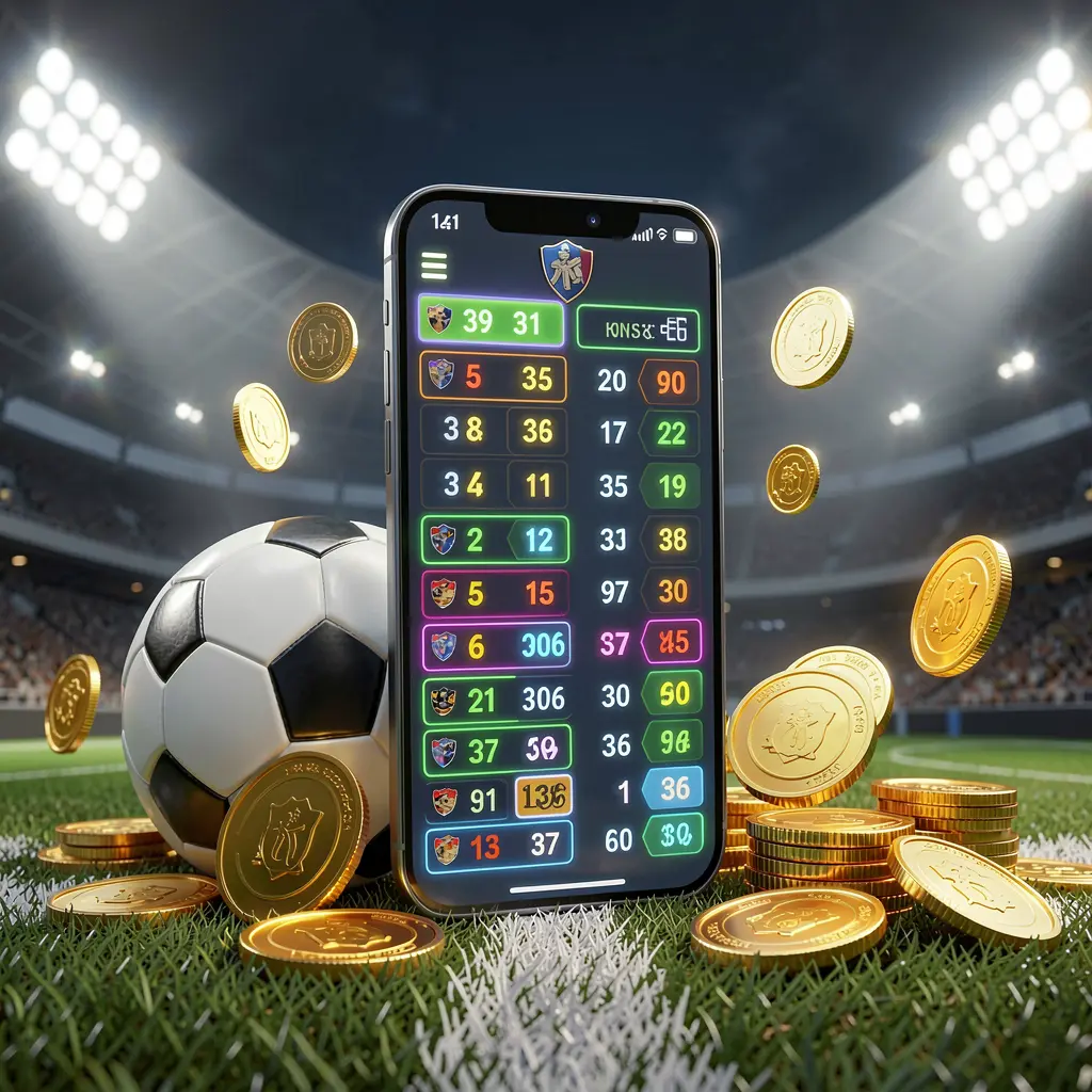 Adegan taruhan sepak bola modern CK798 dengan ponsel pintar yang menampilkan antarmuka peluang olahraga bercahaya, bola sepak, koin emas, dan lampu stadion dalam ilustrasi 3D premium Adegan taruhan sepak bola modern CK798 dengan ponsel pintar yang menampilkan antarmuka peluang olahraga bercahaya, bola sepak, koin emas, dan lampu stadion dalam ilustrasi 3D premium