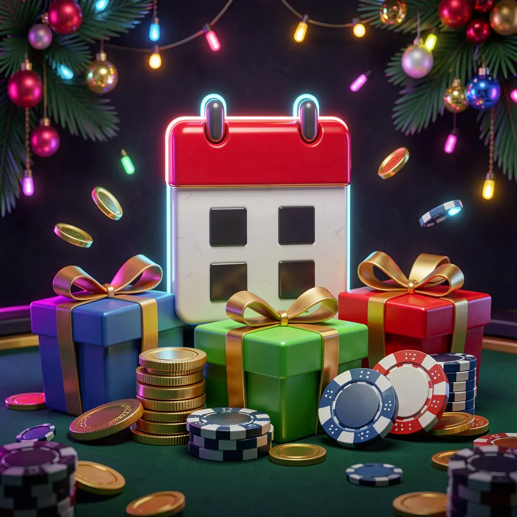 Konsep bonus kasino mingguan CK798 menampilkan ikon kalender, kotak hadiah, koin, dan chip pada latar belakang gelap yang meriah dengan cahaya neon dalam gaya 3D premium Konsep bonus kasino mingguan CK798 menampilkan ikon kalender, kotak hadiah, koin, dan chip pada latar belakang gelap yang meriah dengan cahaya neon dalam gaya 3D premium