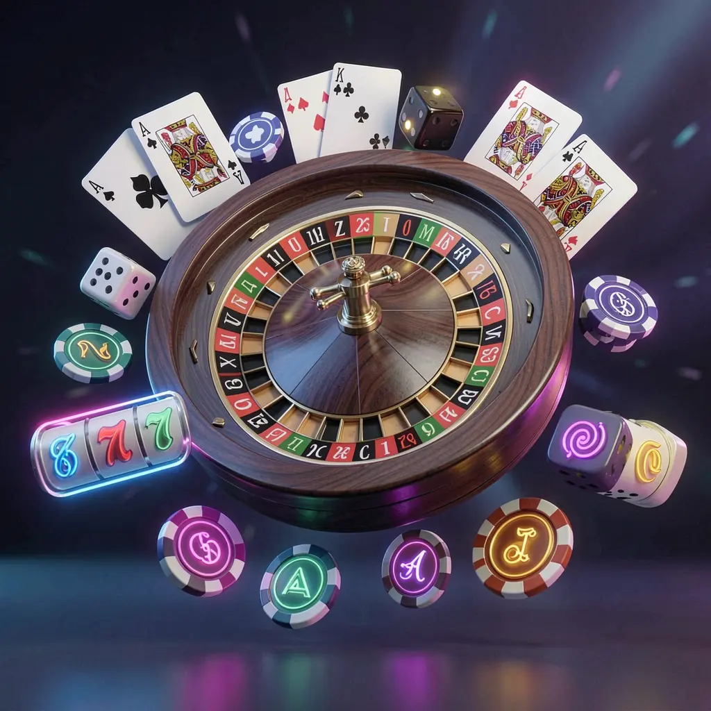 Koleksi permainan kasino online CK798 menampilkan roda rolet 3D bercahaya neon, kartu blackjack, dadu, simbol mesin slot, dan chip poker yang melayang bersama Koleksi permainan kasino online CK798 menampilkan roda rolet 3D bercahaya neon, kartu blackjack, dadu, simbol mesin slot, dan chip poker yang melayang bersama