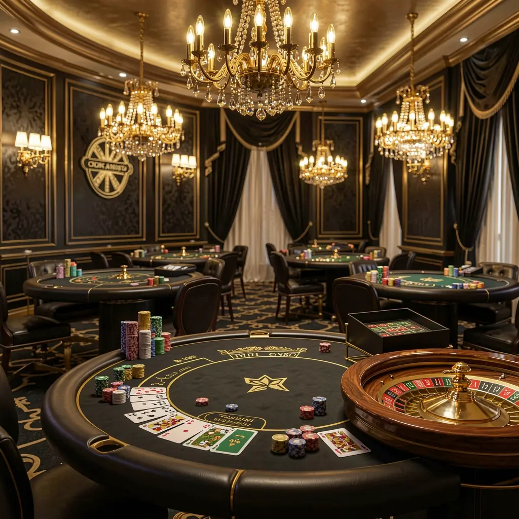 Adegan lobi kasino online mewah CK798 dengan meja rolet bercahaya, lampu keemasan, chip poker, dan kartu dalam desain hitam dan emas premium Adegan lobi kasino online mewah CK798 dengan meja rolet bercahaya, lampu keemasan, chip poker, dan kartu dalam desain hitam dan emas premium